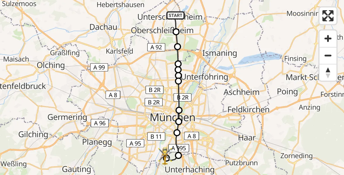 Flugroute Rettungshubschrauber Unterschleißheim - ADAC Air Rescue Center Heliport (Christoph 1), 26 Februar 2026, 09:45