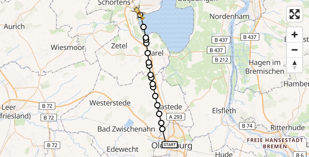 Flugroute Ambulanzhubschrauber Oldenburg - Wilhelmshaven, 26 Februar 2026, 09:51