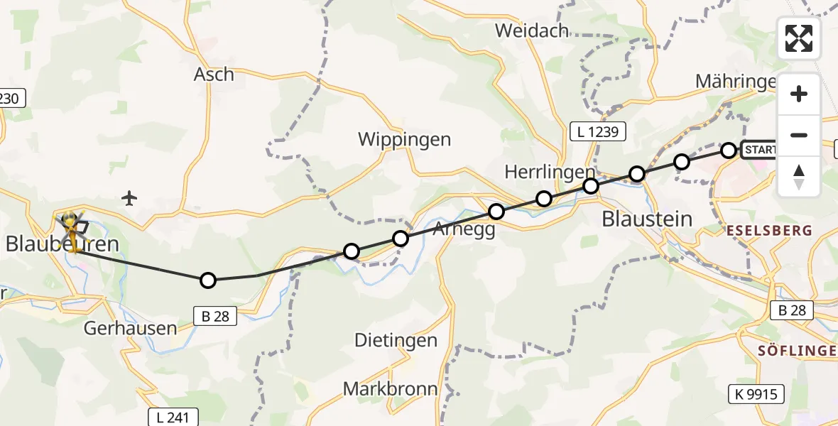 Flugroute Rettungshubschrauber ADAC Air Rescue Station Ulm (Christoph 22) - Blaubeuren, 26 Februar 2026, 09:55