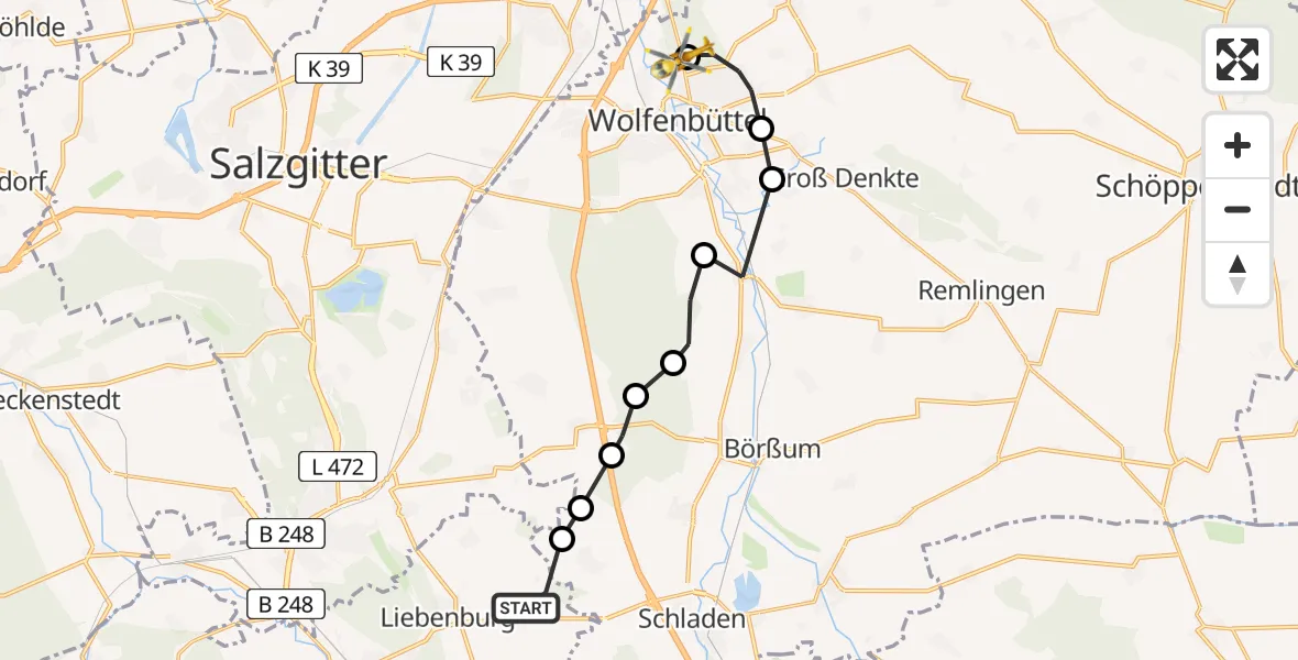 Routekaart van de vlucht: Rettungshubschrauber nach Wolfenbüttel Municipal Hospital Heliport (Christoph 30)