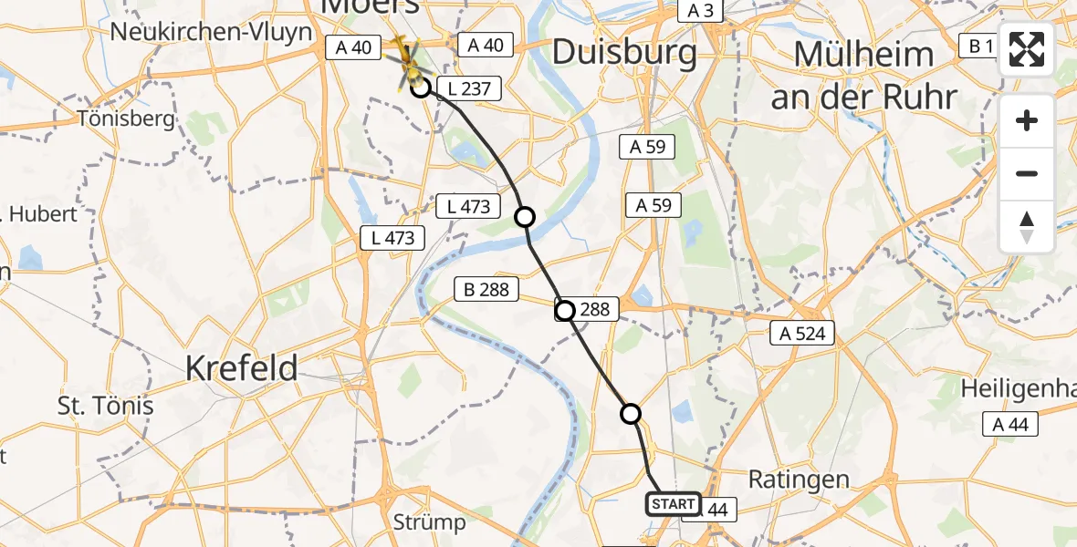 Flugroute Rettungshubschrauber Düsseldorf Airport - Moers, 26 Februar 2026, 09:59