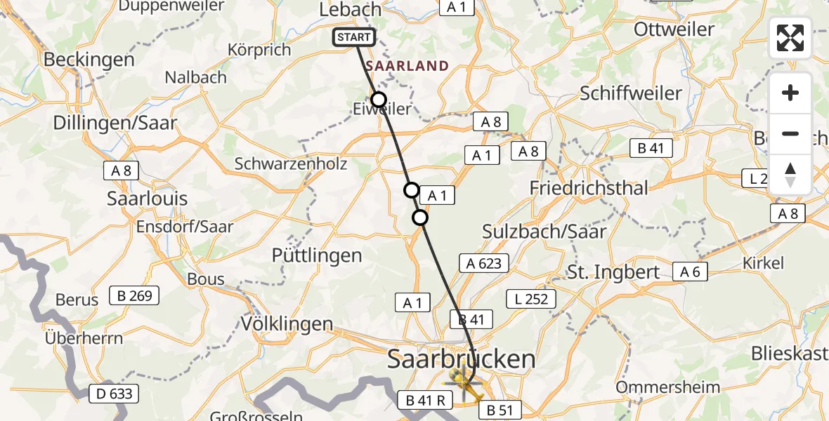 Flugroute Rettungshubschrauber Lebach - Saarbrücken, 26 Februar 2026, 10:05