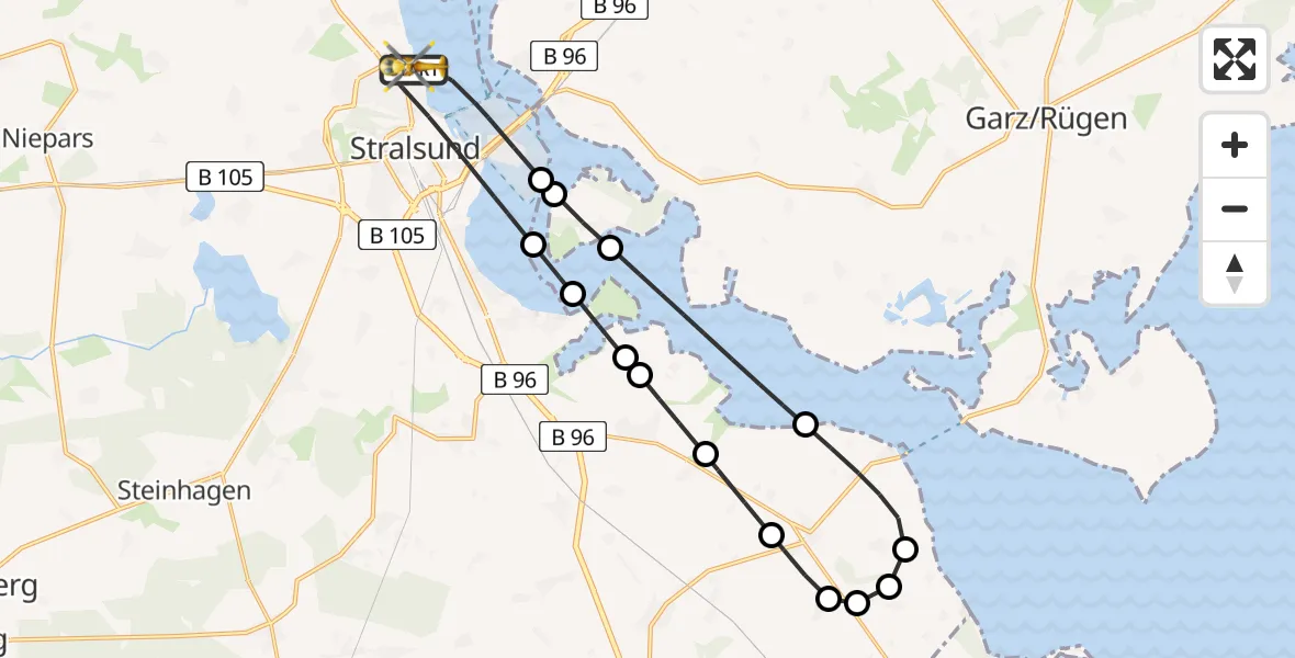 Flugroute Rettungshubschrauber Stralsund - Stralsund, 26 Februar 2026, 10:12
