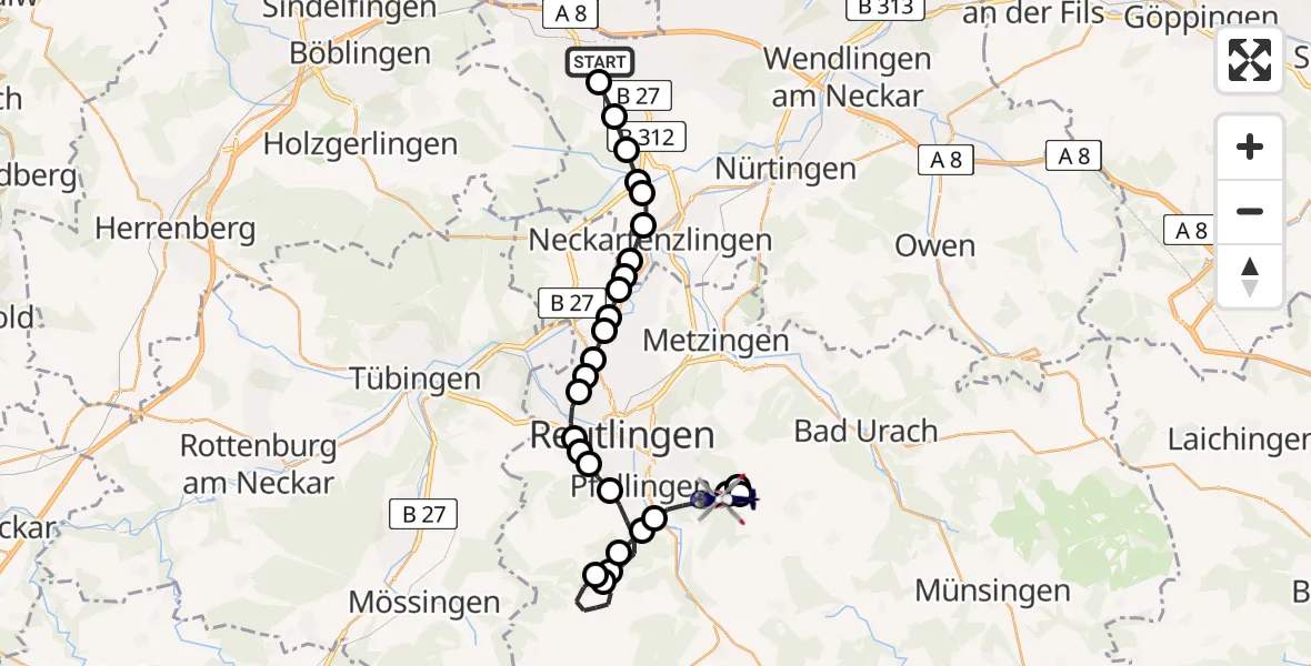 Flugroute Polizeihubschrauber Stuttgart Airport - Pfullingen, 26 Februar 2026, 10:25