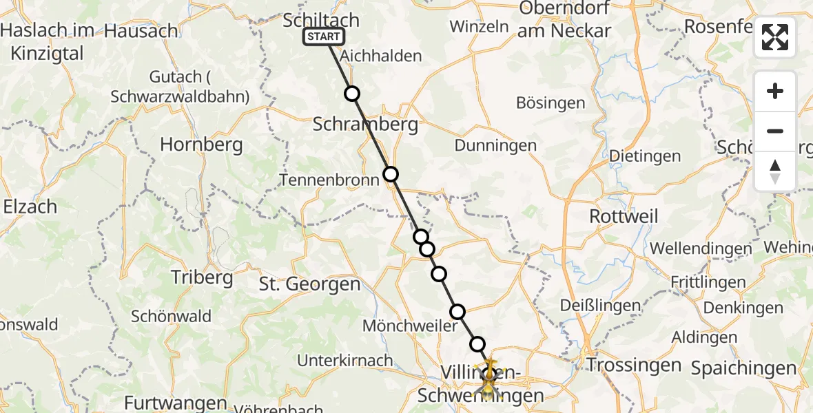 Flugroute Rettungshubschrauber Schiltach - DRF Air Rescue Station Villingen-Schwenningen Heliport (Christoph 11), 26 Februar 2026, 10:26