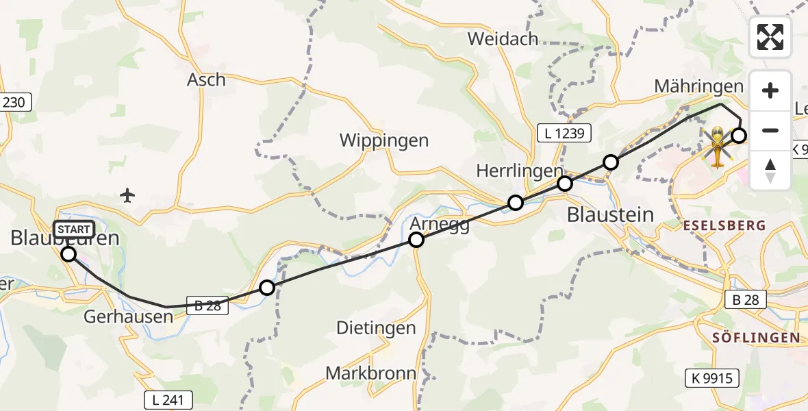 Flugroute Rettungshubschrauber Blaubeuren - ADAC Air Rescue Station Ulm (Christoph 22), 26 Februar 2026, 10:31