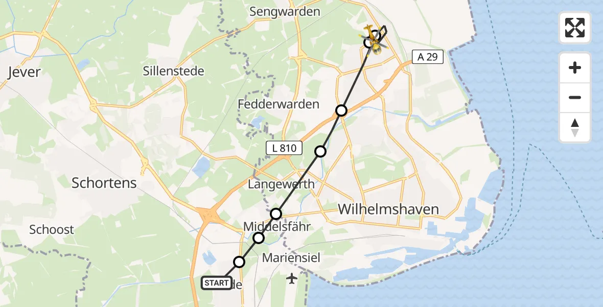 Flugroute Rettungshubschrauber Sande - Wilhelmshaven, 26 Februar 2026, 10:31