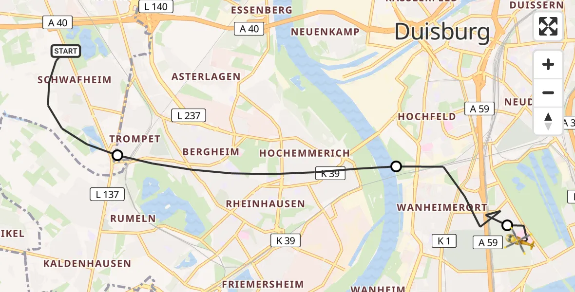 Flugroute Rettungshubschrauber Moers - Sana Clinic Duisburg Heliport, 26 Februar 2026, 10:37