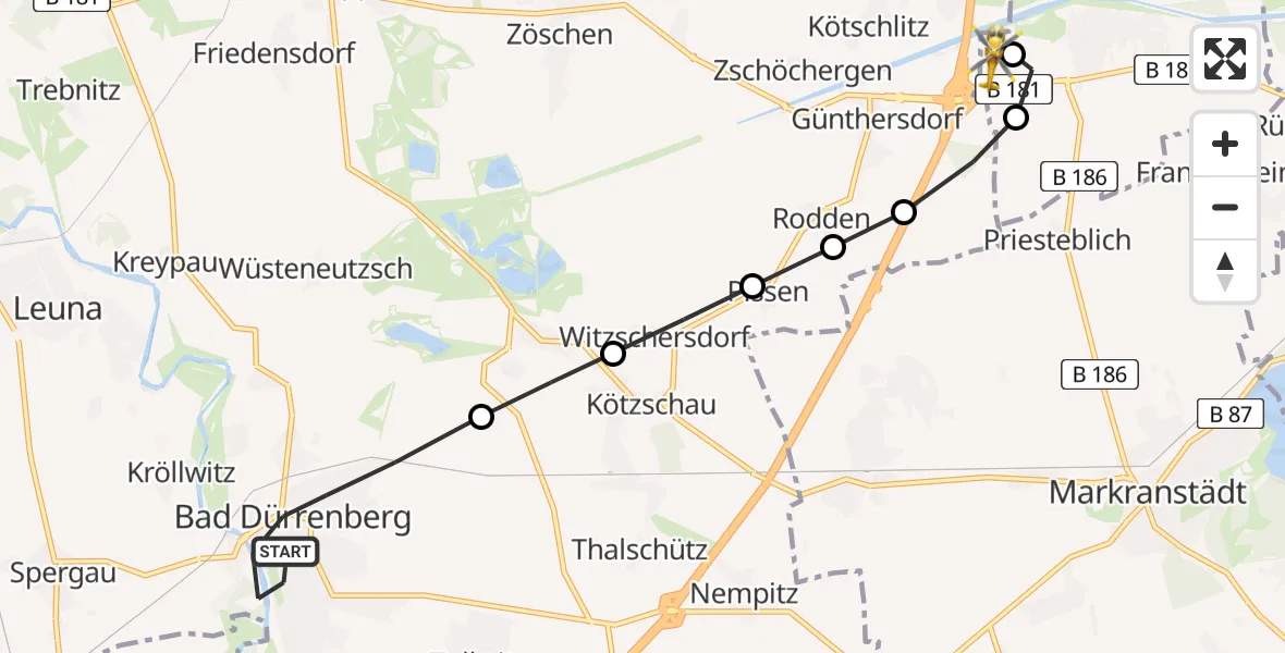 Flugroute Rettungshubschrauber Bad Dürrenberg - ADAC Air Rescue Station Leipzig/Schkeuditz-Dölzig Heliport (Christoph 61), 26 Februar 2026, 10:41