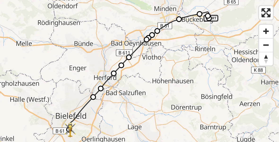 Flugroute Rettungshubschrauber Obernkirchen - Luftrettungszentrum Bielefeld, 26 Februar 2026, 10:50