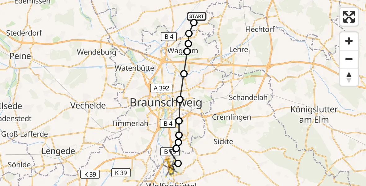 Flugroute Rettungshubschrauber Wedesbüttel - Wolfenbüttel, 26 Februar 2026, 10:57