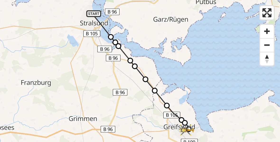 Flugroute Rettungshubschrauber Stralsund - Greifswald Hospital Heliport, 26 Februar 2026, 10:59