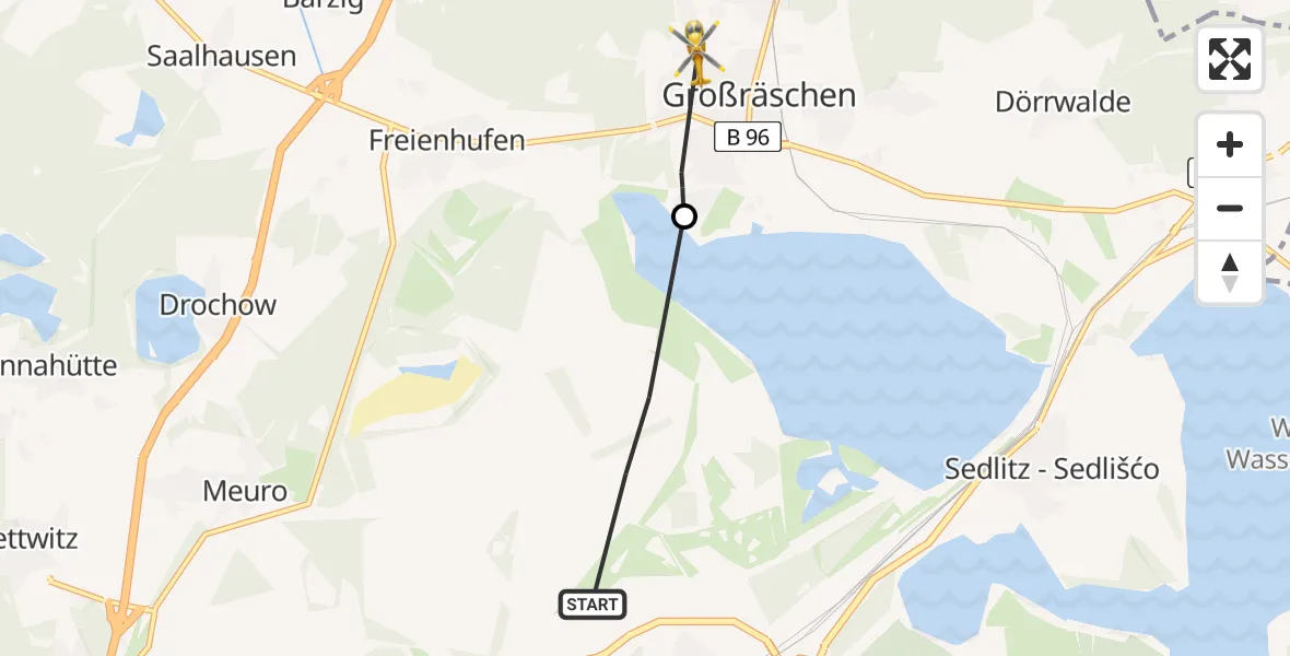 Flugroute Ambulanzhubschrauber Senftenberg - Großräschen, 26 Februar 2026, 11:04