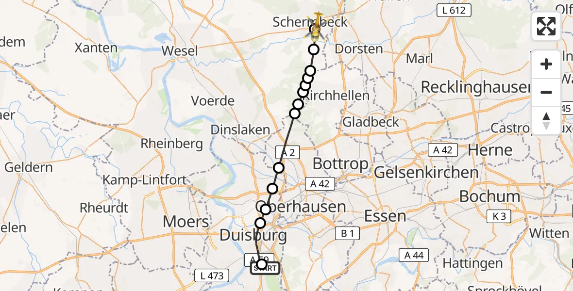 Flugroute Rettungshubschrauber Sana Clinic Duisburg Heliport - Schermbeck, 26 Februar 2026, 11:06