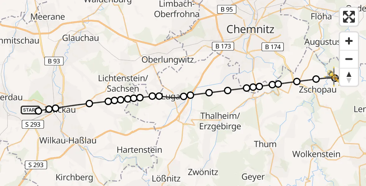 Flugroute Rettungshubschrauber ADAC Air Rescue Station Zwickau Heliport - Waldkirchen, 26 Februar 2026, 11:09