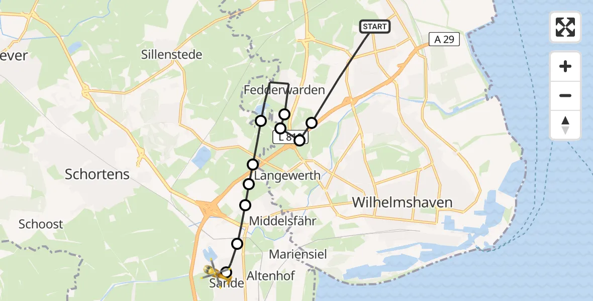 Flugroute Rettungshubschrauber Wilhelmshaven - Sande, 26 Februar 2026, 11:10