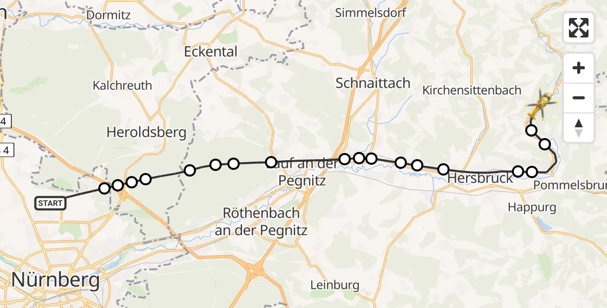 Flugroute Ambulanzhubschrauber Nuremberg Airport - Düsselbach, 26 Februar 2026, 11:23