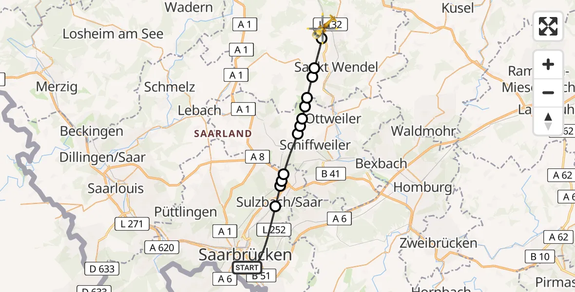 Flugroute Rettungshubschrauber Saarbrücken - Namborn, 26 Februar 2026, 11:38