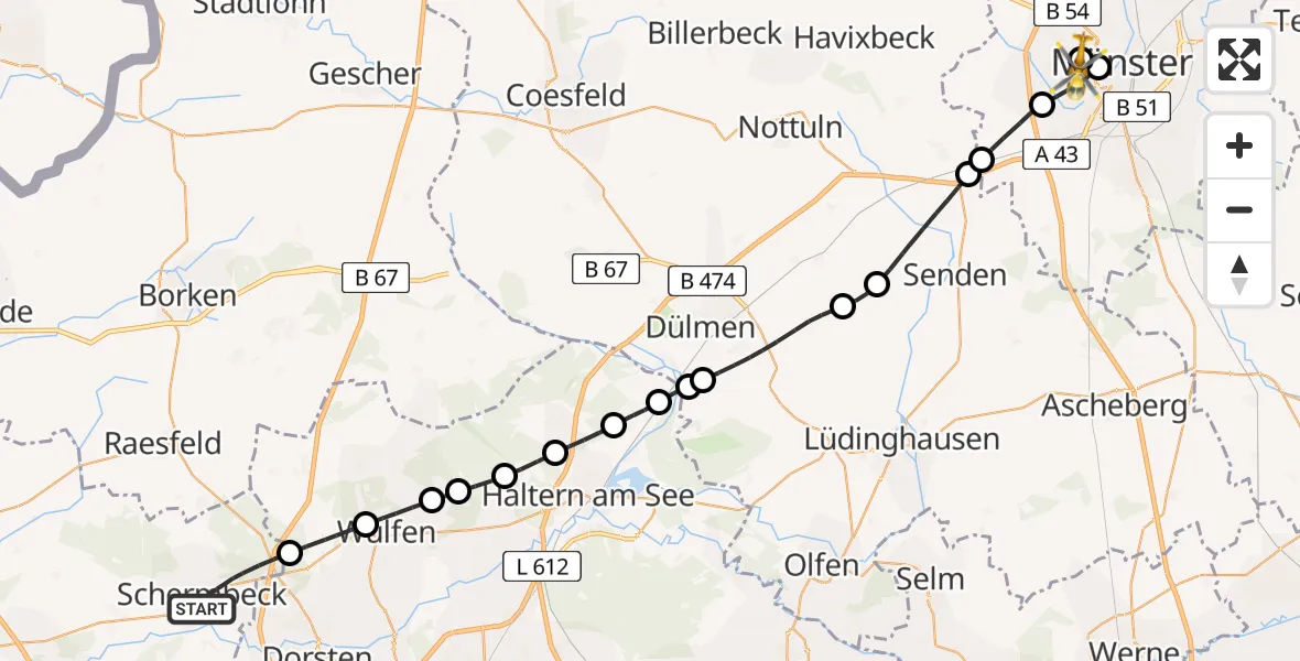 Flugroute Rettungshubschrauber Schermbeck - Münster-West, 26 Februar 2026, 11:42