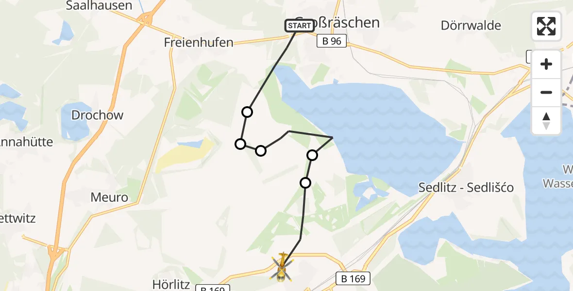 Flugroute Ambulanzhubschrauber Großräschen - ADAC Air Rescue Station Senftenberg Heliport, 26 Februar 2026, 11:43