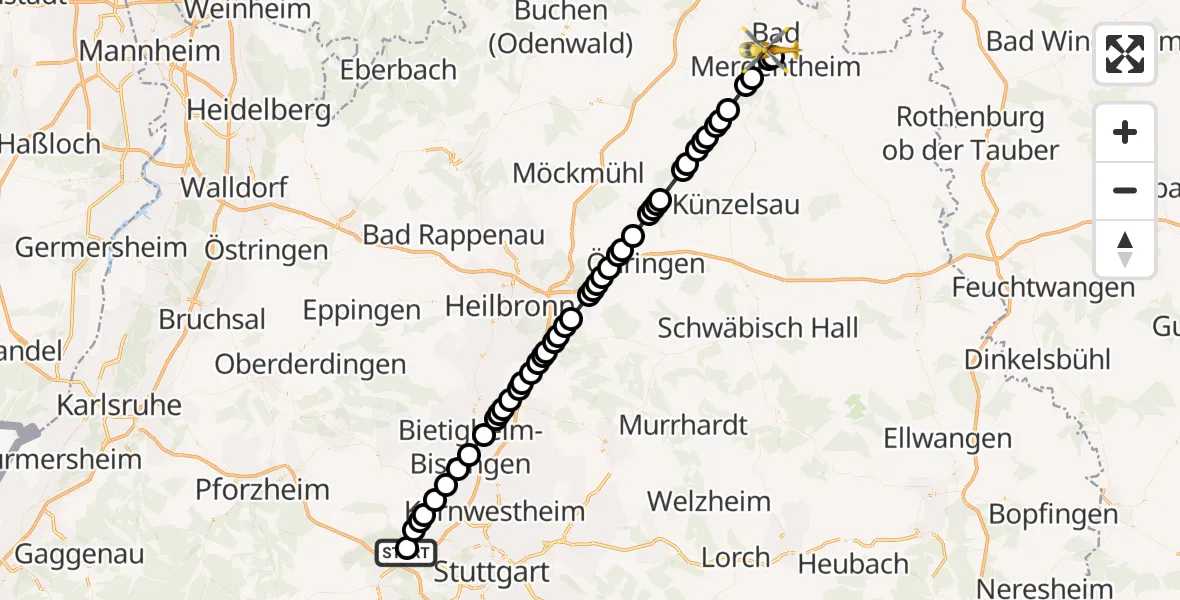 Flugroute Rettungshubschrauber Leonberg Hospital Heliport - Bad Mergentheim, 26 Februar 2026, 11:45