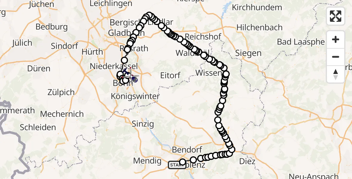 Flugroute Polizeihubschrauber Rübenach - Sankt Augustin, 26 Februar 2026, 11:52