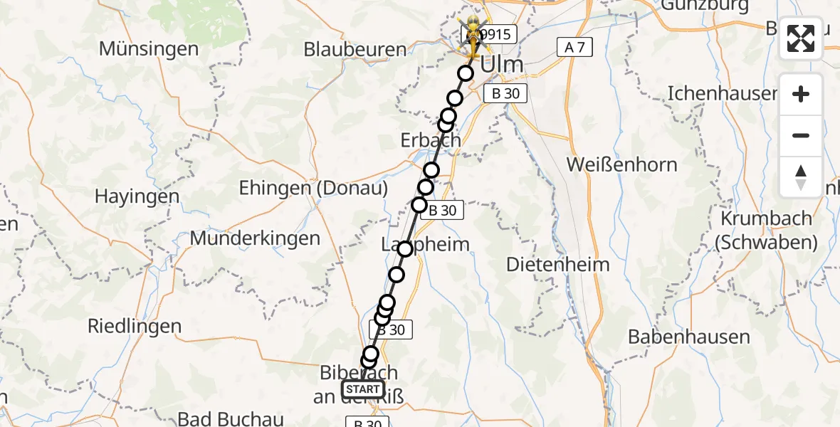 Flugroute Rettungshubschrauber Bergerhausen - Ulm Military Hospital Emergency Heliport, 26 Februar 2026, 11:57