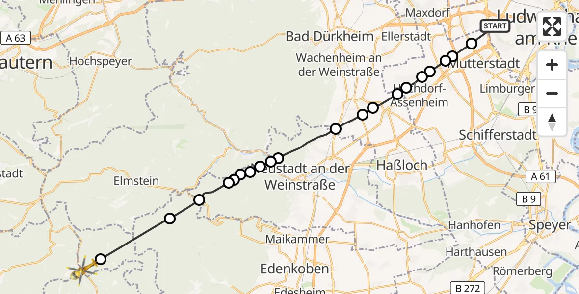 Flugroute Rettungshubschrauber Ludwigshafen am Rhein - Landau in der Pfalz, 26 Februar 2026, 12:00
