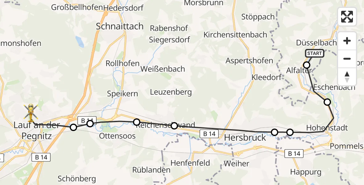 Flugroute Ambulanzhubschrauber Düsselbach - Lauf an der Pegnitz, 26 Februar 2026, 12:09