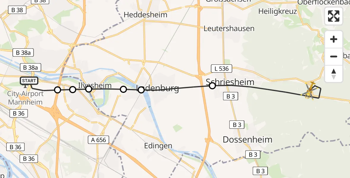 Flugroute Rettungshubschrauber Mannheim-City Airport - Schriesheim, 26 Februar 2026, 12:10