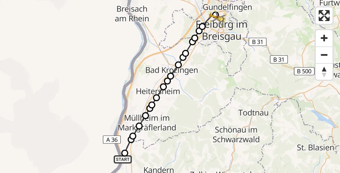 Routekaart van de vlucht: Rettungshubschrauber nach Freiburg im Breisgau Airfield