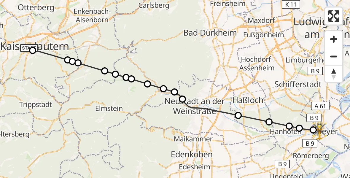 Flugroute Rettungshubschrauber Westpfalz Hospital Kaiserslautern Heliport - Speyer, 26 Februar 2026, 12:16