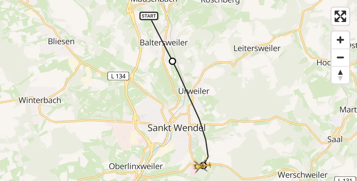 Flugroute Rettungshubschrauber Namborn - Marienhaus Hospital Sankt Wendel-Ottweiler Heliport, 26 Februar 2026, 12:16