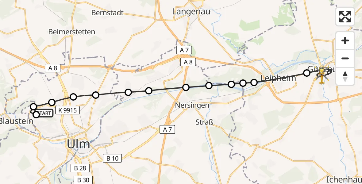 Flugroute Rettungshubschrauber Ulm Military Hospital Emergency Heliport - Günzburg, 26 Februar 2026, 12:34