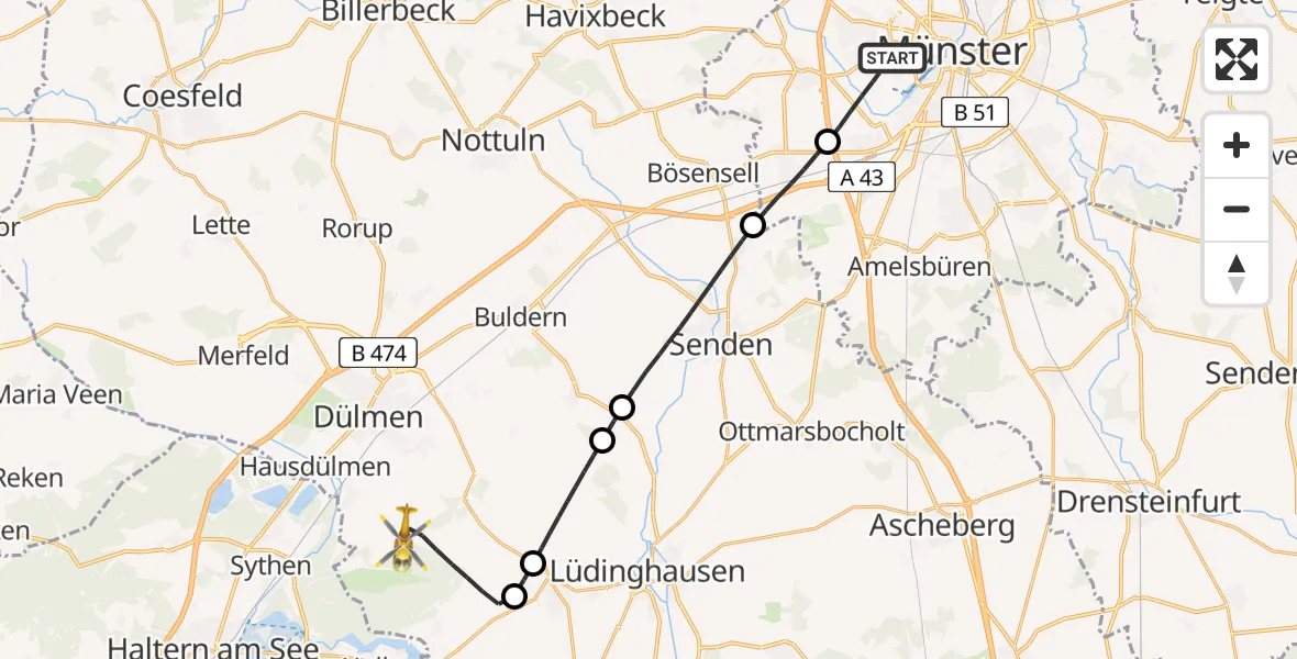 Flugroute Rettungshubschrauber Münster-West - Lüdinghausen, 26 Februar 2026, 12:41