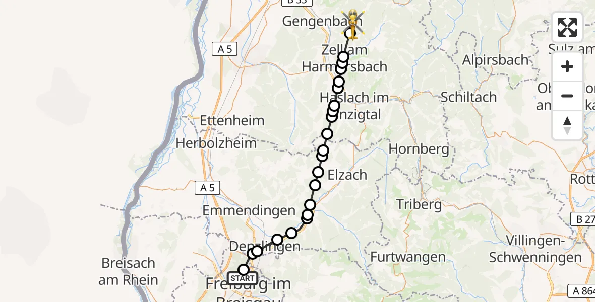 Flugroute Rettungshubschrauber Freiburg im Breisgau Airfield - Nordrach, 26 Februar 2026, 12:50