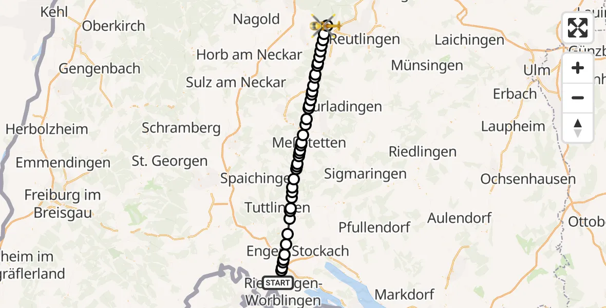 Flugroute Rettungshubschrauber Singen (Hohentwiel) - Tübingen University Hospital Heliport, 26 Februar 2026, 12:51