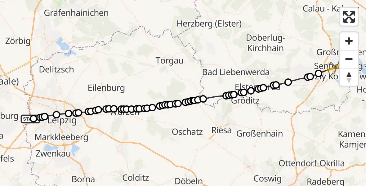 Flugroute Rettungshubschrauber Günthersdorf - Senftenberg, 26 Februar 2026, 12:59