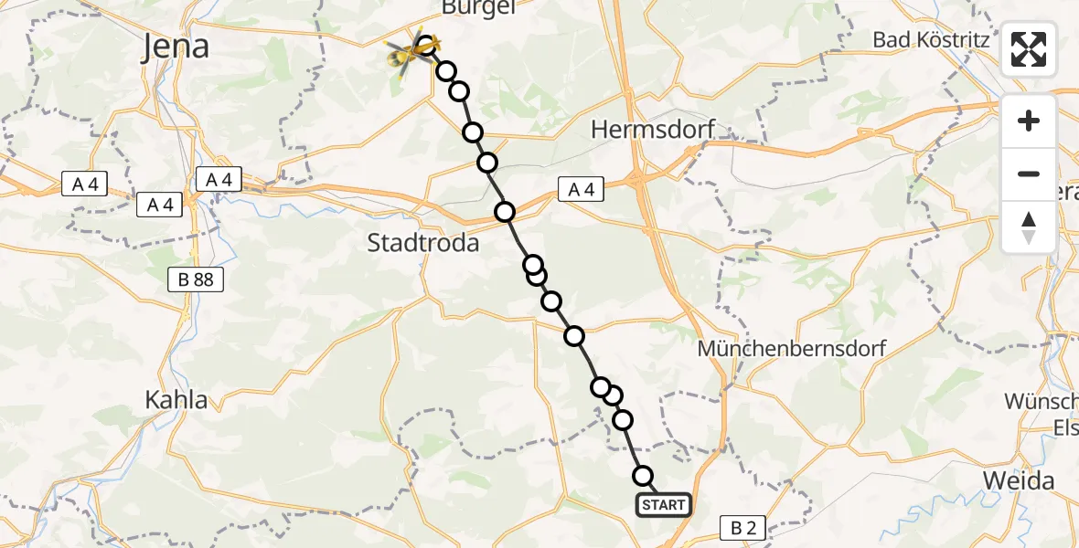 Flugroute Rettungshubschrauber Schönborn - Rodigast, 26 Februar 2026, 13:08