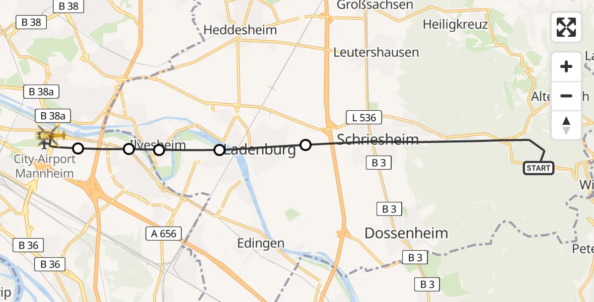 Flugroute Rettungshubschrauber Schriesheim - Mannheim-City Airport, 26 Februar 2026, 13:12