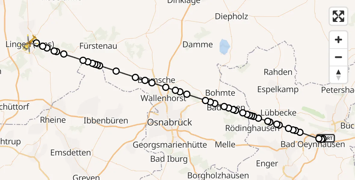 Flugroute Ambulanzhubschrauber Porta Westfalica Airfield - Lingen (Ems), 26 Februar 2026, 13:15