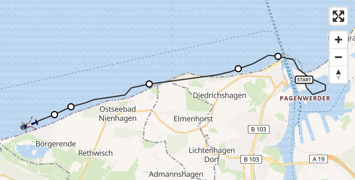 Flugroute Polizeihubschrauber Ortsbeirat 2 : Hinrichshagen, Hohe Düne, Markgrafenheide, Torfbrücke, Wiethagen - Börgerende, 26 Februar 2026, 13:38
