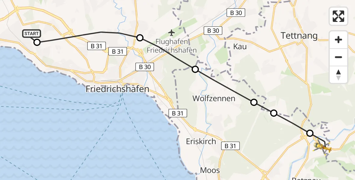 Flugroute Rettungshubschrauber Friedrichshafen Hospital Heliport - Kressbronn am Bodensee, 26 Februar 2026, 13:38