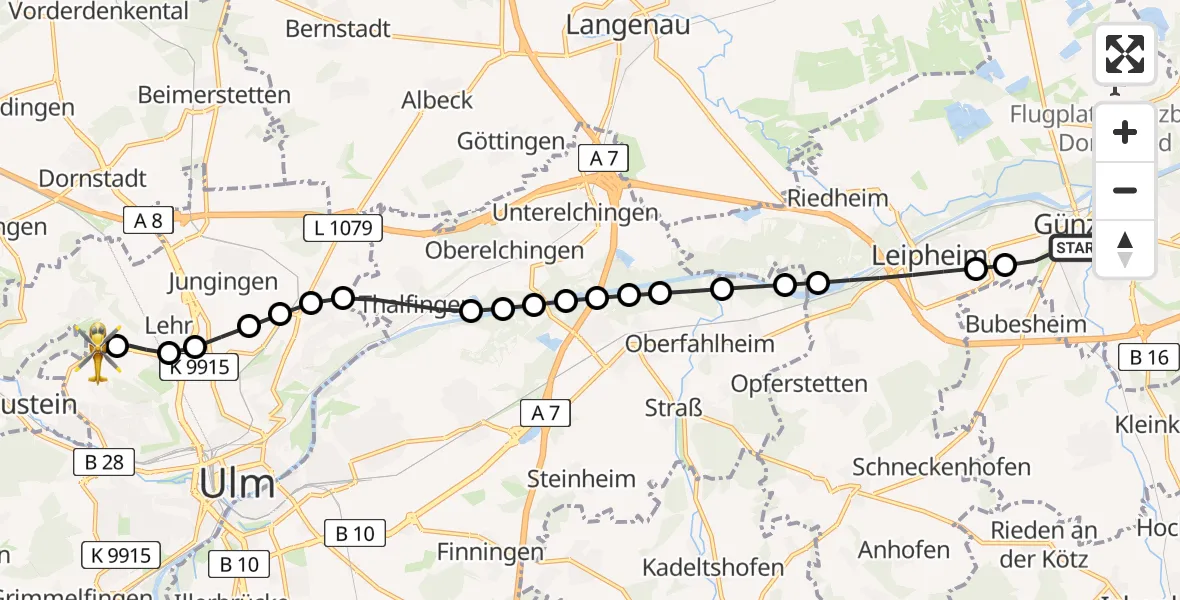 Flugroute Rettungshubschrauber Günzburg - ADAC Air Rescue Station Ulm (Christoph 22), 26 Februar 2026, 13:45