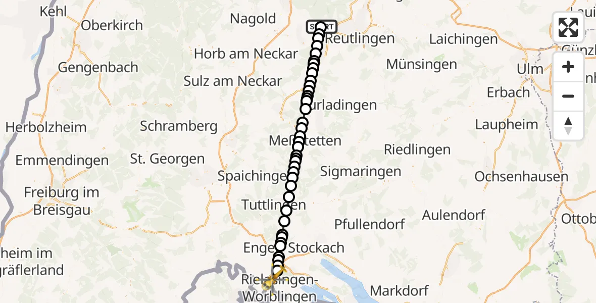 Flugroute Rettungshubschrauber Tübingen University Hospital Heliport - Singen (Hohentwiel), 26 Februar 2026, 13:47