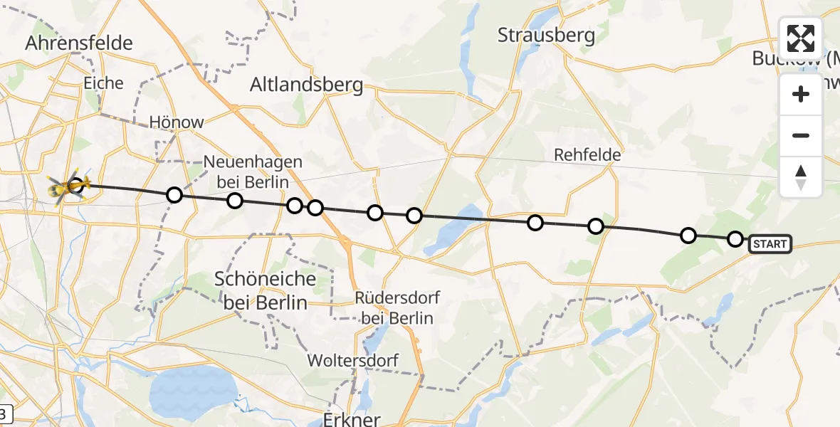 Flugroute Rettungshubschrauber Müncheberg - Berlin Emergency Hospital Heliport, 26 Februar 2026, 13:52