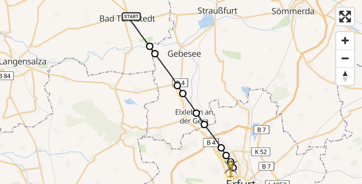Flugroute Rettungshubschrauber Bad Tennstedt - Helios Clinic Erfurt Heliport, 26 Februar 2026, 13:56