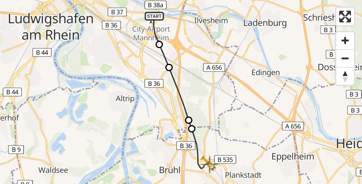 Flugroute Rettungshubschrauber Mannheim-City Airport - Schwetzingen, 26 Februar 2026, 13:58