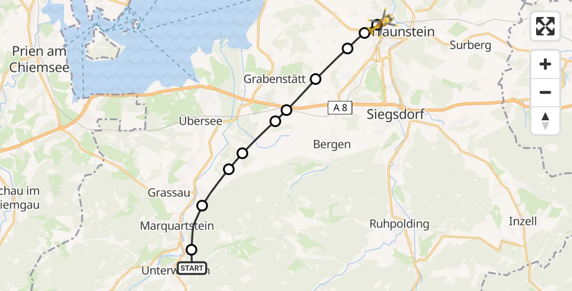 Flugroute Rettungshubschrauber Unterwössen - Traunstein Hospital Helipad, 26 Februar 2026, 14:09