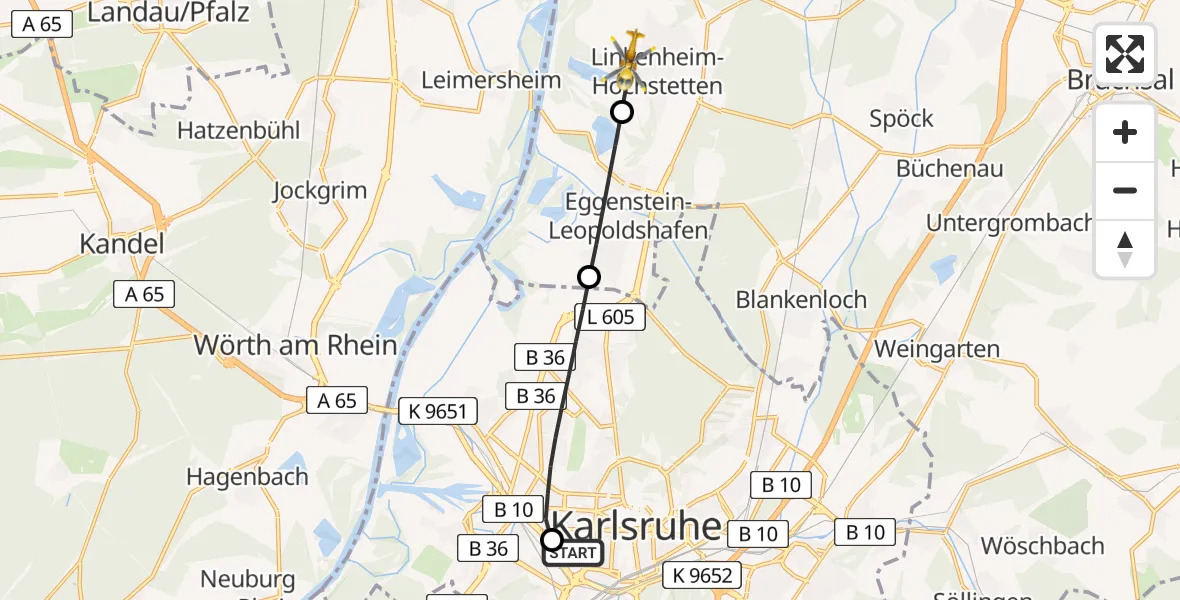 Flugroute Rettungshubschrauber Sankt Vincentius Hospital Heliport - Linkenheim-Hochstetten, 26 Februar 2026, 14:13